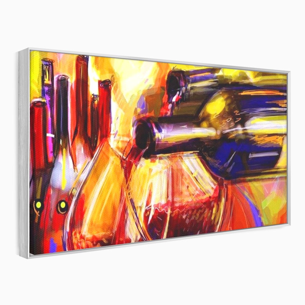 Tablou canvas cu pictura abstracta cu sticle si pahare de vin, in rama de aluminiu argintiu